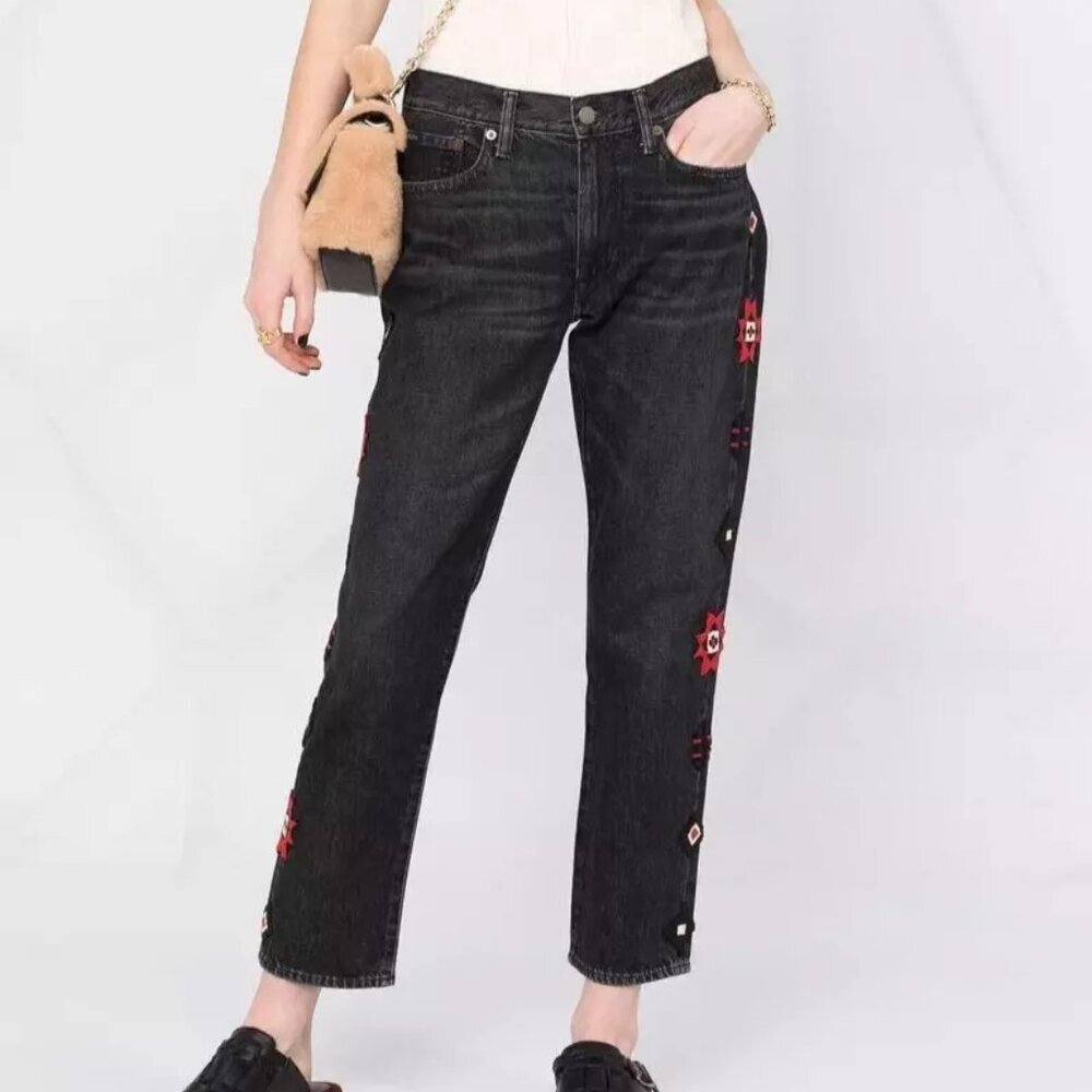 NWT Polo Ralph Lauren Women's Avery Boyfriend Beaded Black Jeans 33